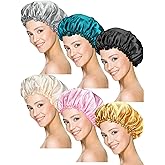 Syhood 6 Pieces Sleep Cap Satin Bonnet Sleeping Hat Soft Elastic Night Hair Cover for Women(Black, Beige, Silver, Gold, Pink, Peacock Blue,Large)