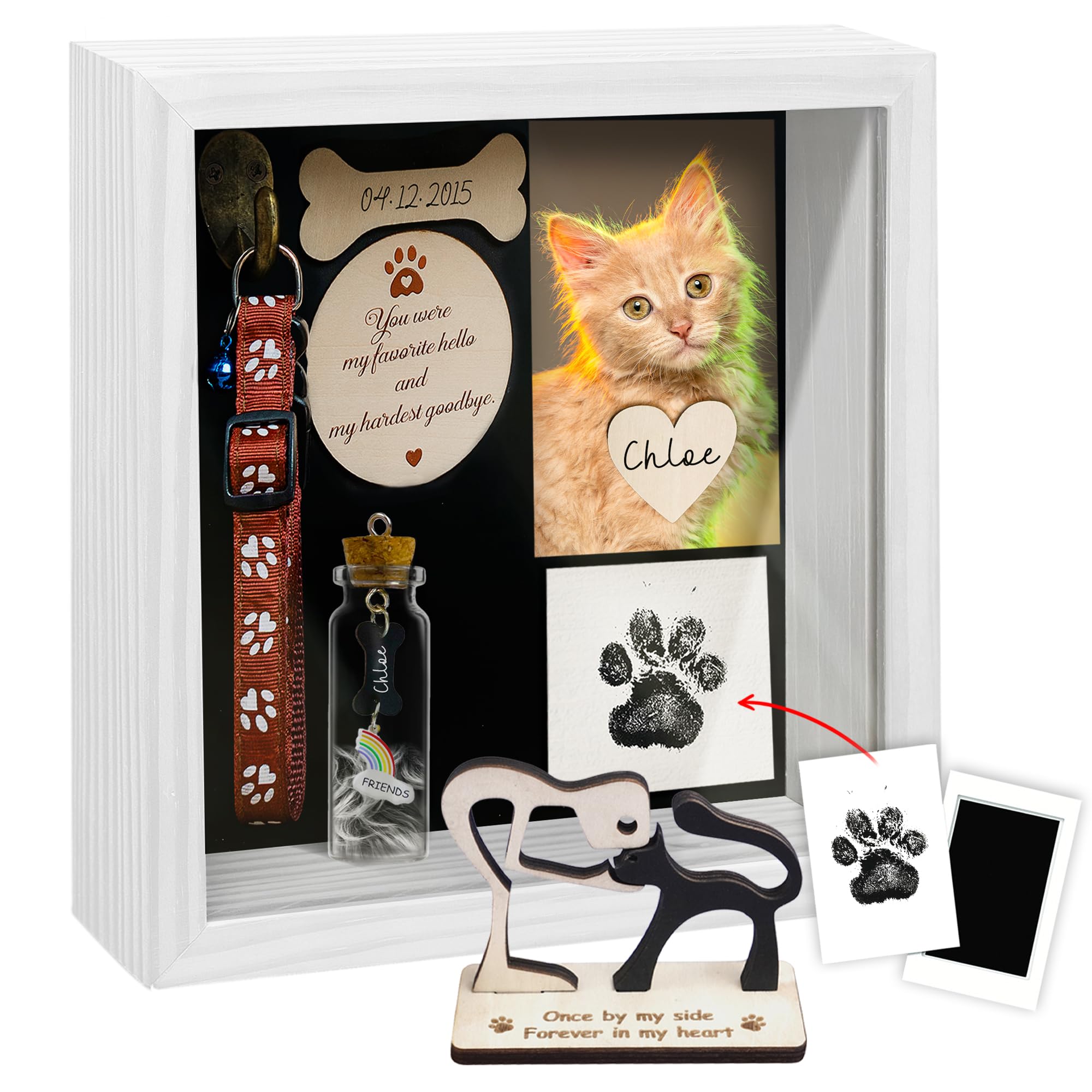 Photo 1 of vinatimes 8.6'' Pet Memorial Shadow Box Gift Collar Holder White Picture Frame Paw Print Kit Rainbow Fur Ashes Bottle Pet Wood Sculpture Sympathy Passed Away Dog Cat Gift Tabletop Wall Decor PSD-4TR