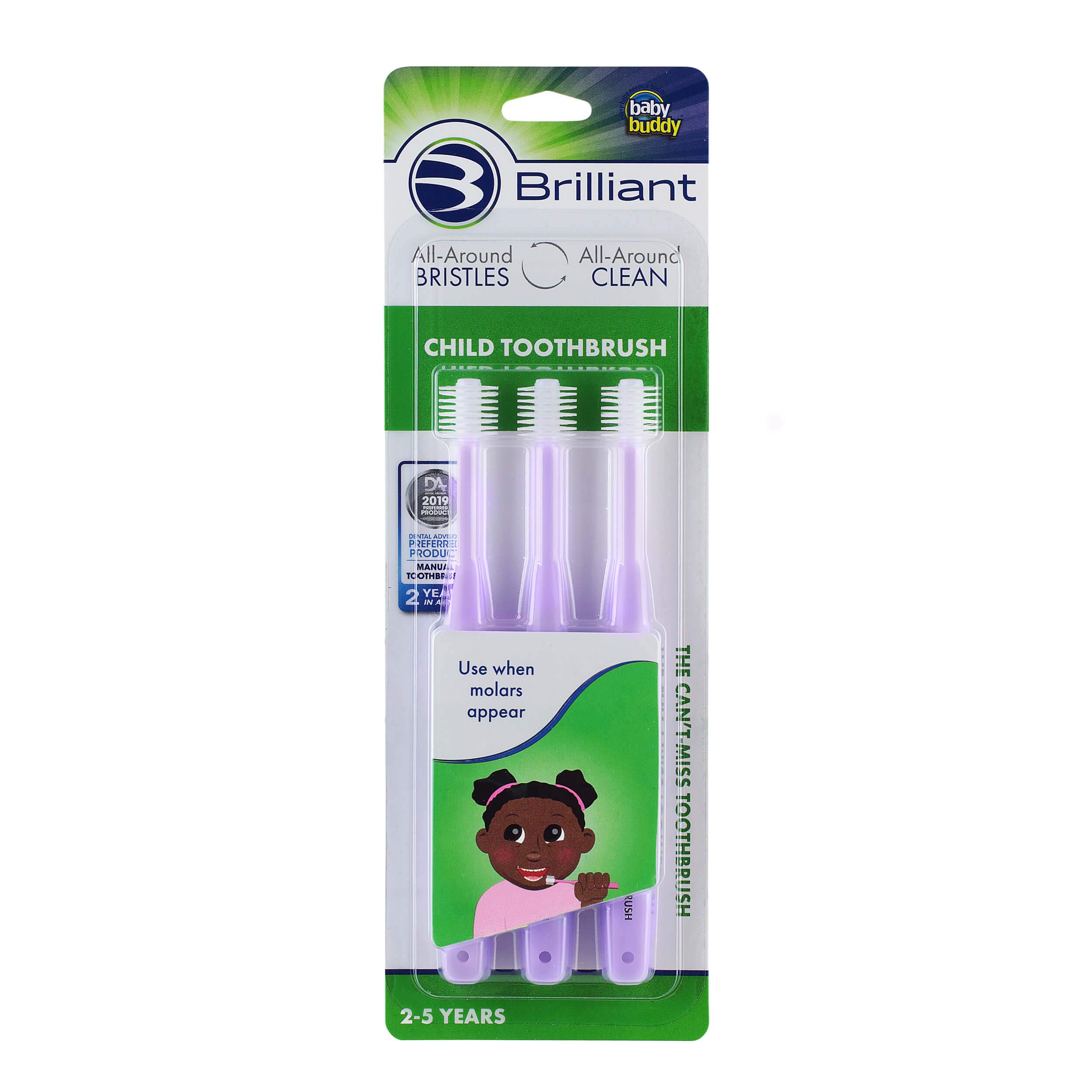Brilliant Child Toothbrush by Baby Buddy, for Ages 2-5 Years, Round Head, Bristles Clean All-Around Mouth, Lilac, 3 Pack