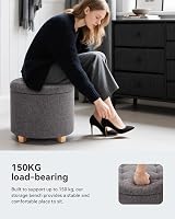 HNNHOME 45cm Round Linen Padded Storage Ottoman Charcoal view 2