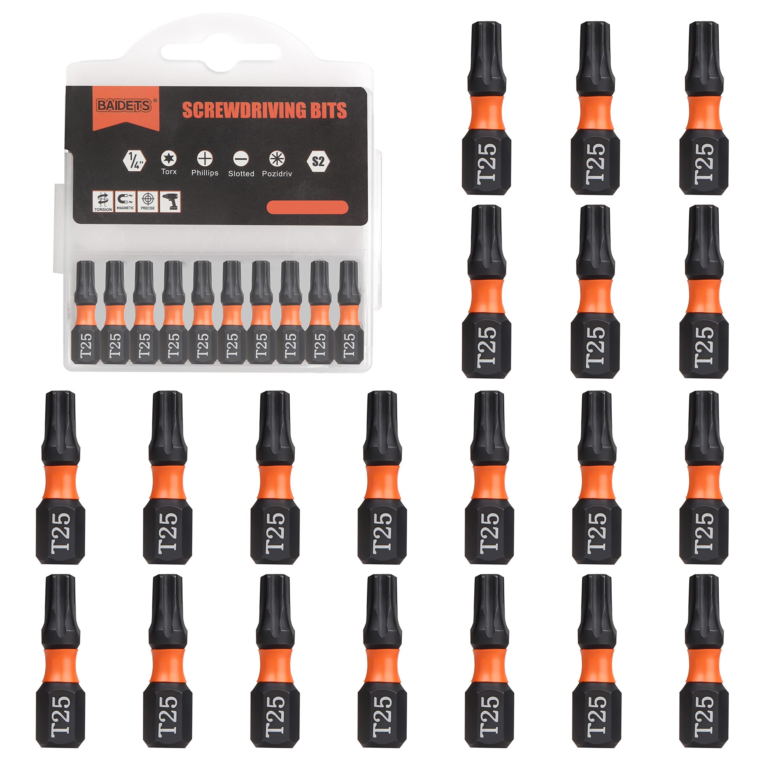 BAIDETS Pro T25 Bit Assortment - Screwdriver Bits Set of 20, 25 mm Length, Torx Screwdriver Bit, 1/4 Inch Hex Shank, with Dispenser Box — image 1