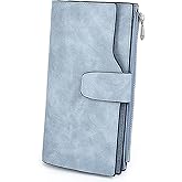UTO RFID Wallet for Women PU Matte Leather Card Holder Organizer Zipper Coin Purse with Snap Closure Light Blue