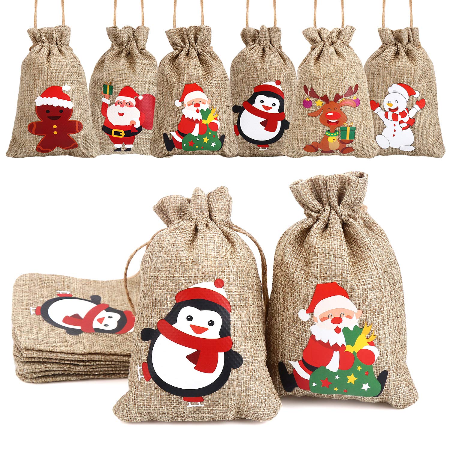 VEYLIN Christmas Hessian Bags, 12 Xmas Burlap Jute Gift Bag with Drawstring for Holiday Party Decoration