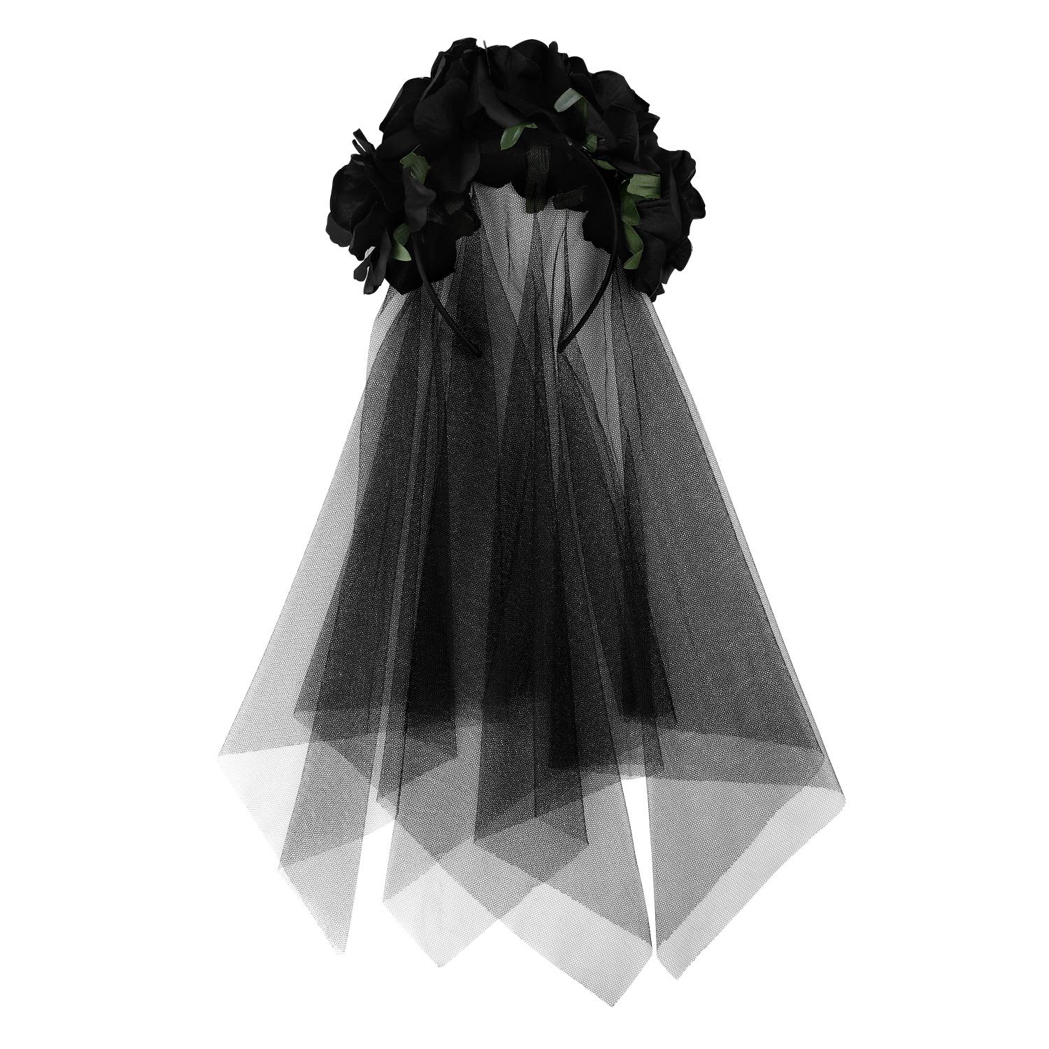 ITODA Gothic Bride Veil with Rose Flower Day Of The Dead Headpiece Hair Wreath Black Veils Wedding Party Headband Lace Veil Halloween Fancy Dress Costume Accessory for Women Ladies