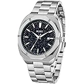 BUREI Men's Watches Fashion Analogue Quartz Date Watches Business Waterproof Wristwatch with Stainless Steel Bracelet