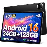 TT.KIDS Android 16 Tablet with Octa-Core, 34GB RAM 128GB ROM 1TB Expand, 6000mAh Battery,Tablet 10 inch 1280x800 IPS Touchscreen, WiFi 6 BT 5.4, Face Unlock, Dual Cameras, Black
