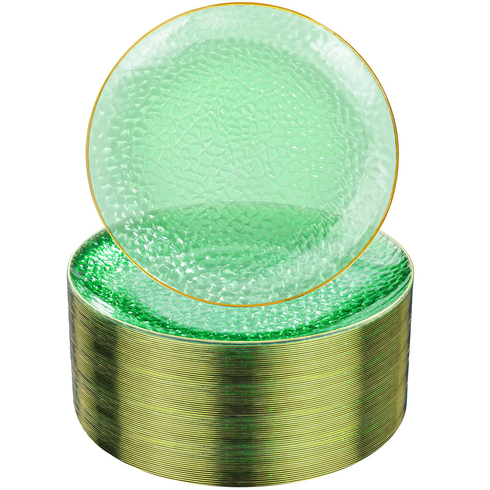 Photo 1 of Rubtlamp 100 Pcs Green And Gold Plastic Plates - 10 inch Clear Green Gold Dinner Plates - Hammer Pattern Design - Fancy Disposable Platos - Heavy-Duty Party Platos Ideal for Wedding