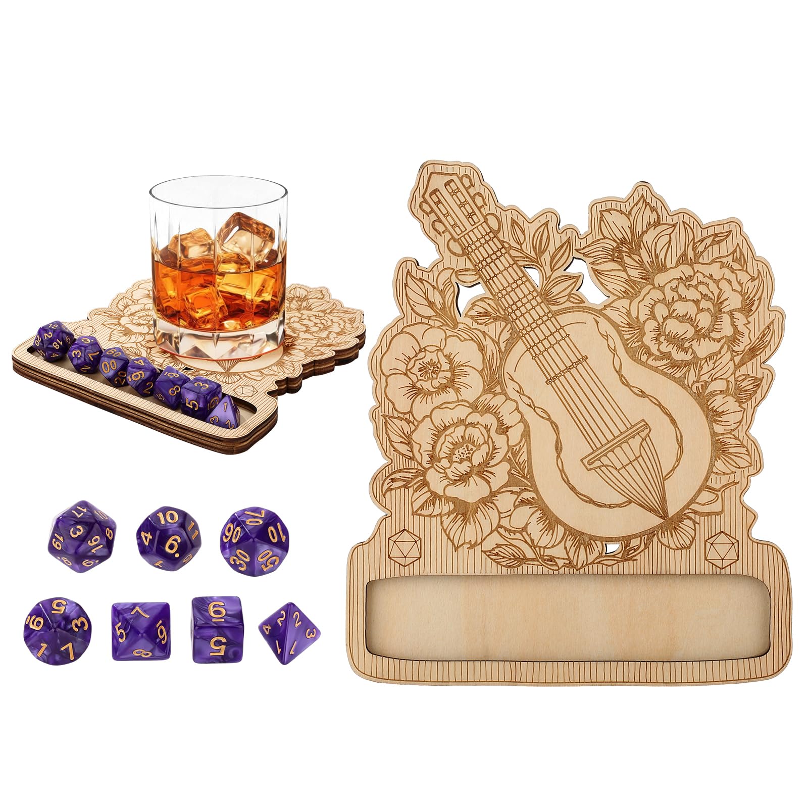 DRMFLE Wooden DND Dice Coaster - 7pcs Polyhedral Dice, Laser Engraved with Classic RPG Icons, Gaming Accessory for Dungeons & Dragons, Smooth Finish, Non-Slip Base, Perfect Present for Tabletop Gamers
