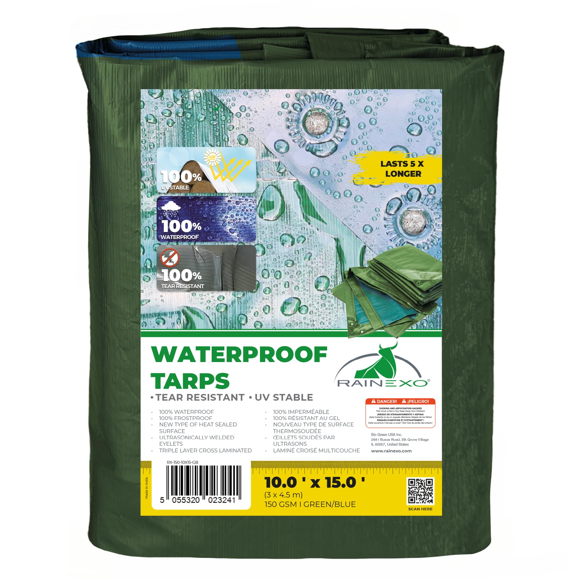 Rainexo Waterproof 10 x 15 – Multipurpose Heavy Duty Tarp – Multi-Layered Cross-Laminated Film Tarpaulin – Ideal for Farming, Camping, Furniture Cover, polyethylene, Green/Blue, 10' x 15'