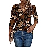 SHENHE Women's Long Sleeve Shirt V Neck Floral Leaf Print Dressy Fall Top Clothes Tee