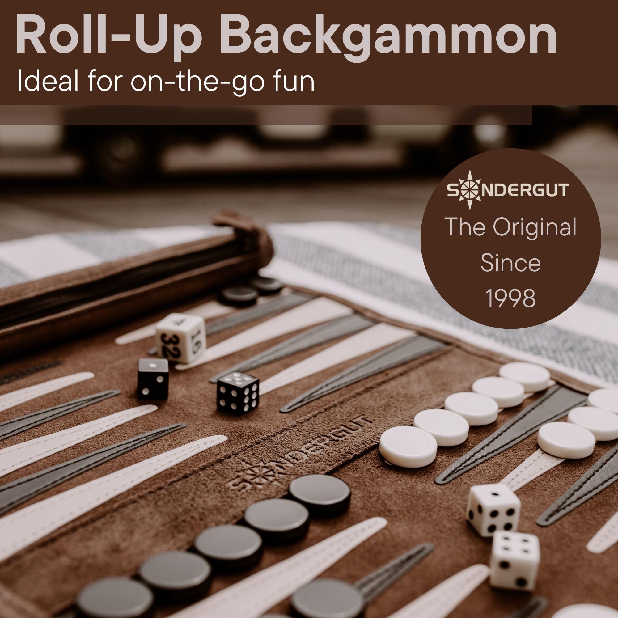 Sondergut Roll-up Portable Suede Backgammon Game Set - for Adults & Children - Ideal for RV Travel, Cruise, Airplane, Camping, Backpacking, Road Trips, Etc. Multiple Colors (Mocha)…