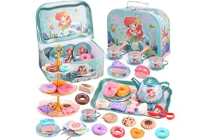 TESSGO 48PCS Mermaid Tea Party Set for Little Girls, Princess Tea Time Pretend Kitchen Toys with Desserts, Cookies, Doughnut, Teapot Tray, Cake, Carrying Case Toys for Age 3 4 5 6 Years Old Girls