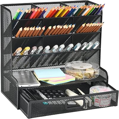 Marbrasse Mesh Desk Organiser Multi-Functional Pen Holder with Drawer Black
