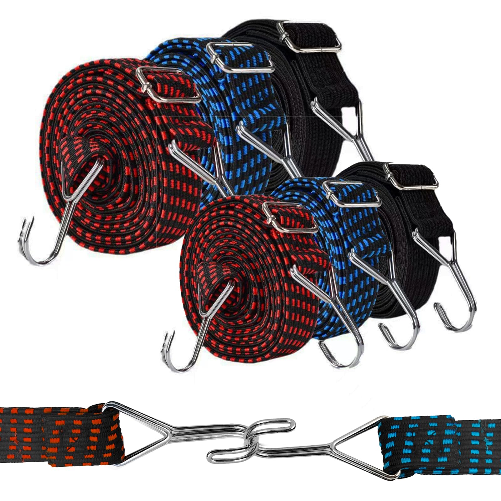 Realjoy 6 Pcs Bungee Cords with Hooks,0.5m+1m Elastic Bungee Straps,Heavy Duty Bungee Rope for Bicycles,Roof Racks,Luggage Securing,Camping(Black,Blue,Red）