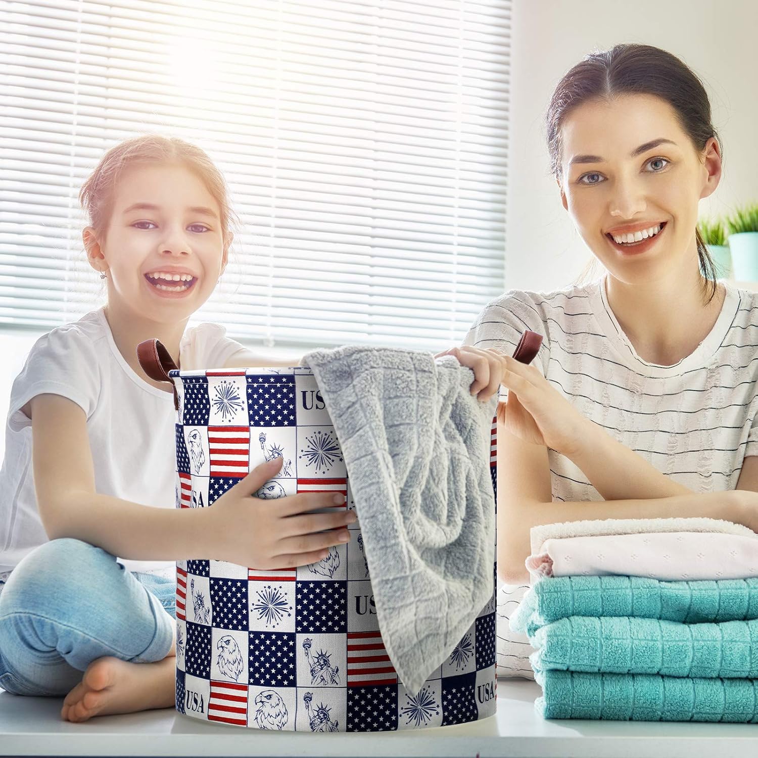 3 Pieces Large Laundry Basket with Handle American Star and Flag 4th of July Patriotic Collapsible Storage Basket Dirty Clothes Hamper for Bedroom: Home Improvement