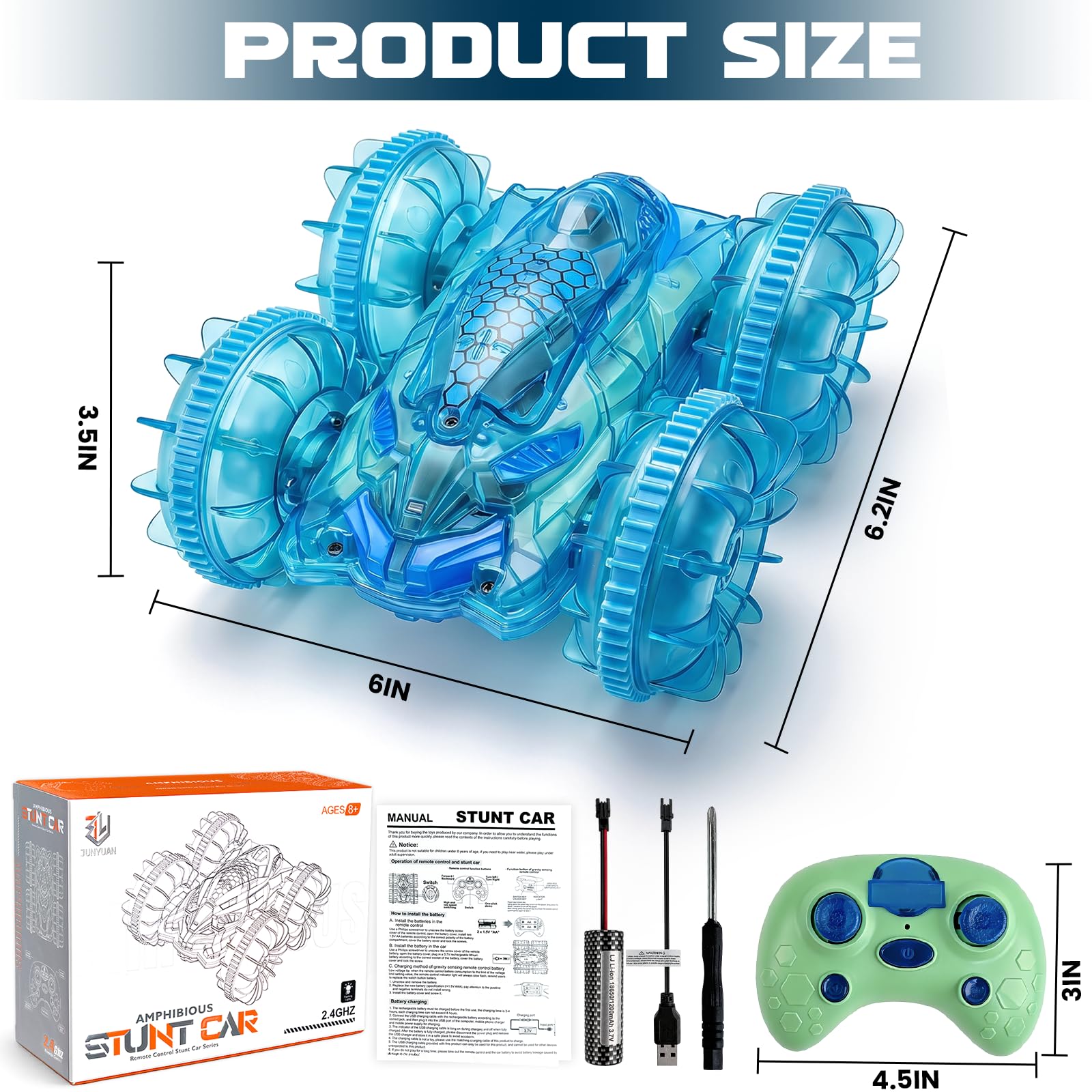 Morofme Amphibienfahrzeug Ferngesteuert Auto, 2.4GHz Ferngesteuertes Auto Kinder, 4WD 360° Stunt RC Car RGB Licht, 90Min Spielzeit Ferngesteuertes Auto ab 4-12 Jahre für Outdoor Pool Strand Spielzeug 3