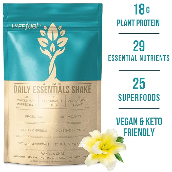 Lyfe Fuel Meal Replacement Shake Keto Vegan Gluten Free Plant Based Protein Organic Superfood Greens Vanilla Chai 18g Rice Pea Protein