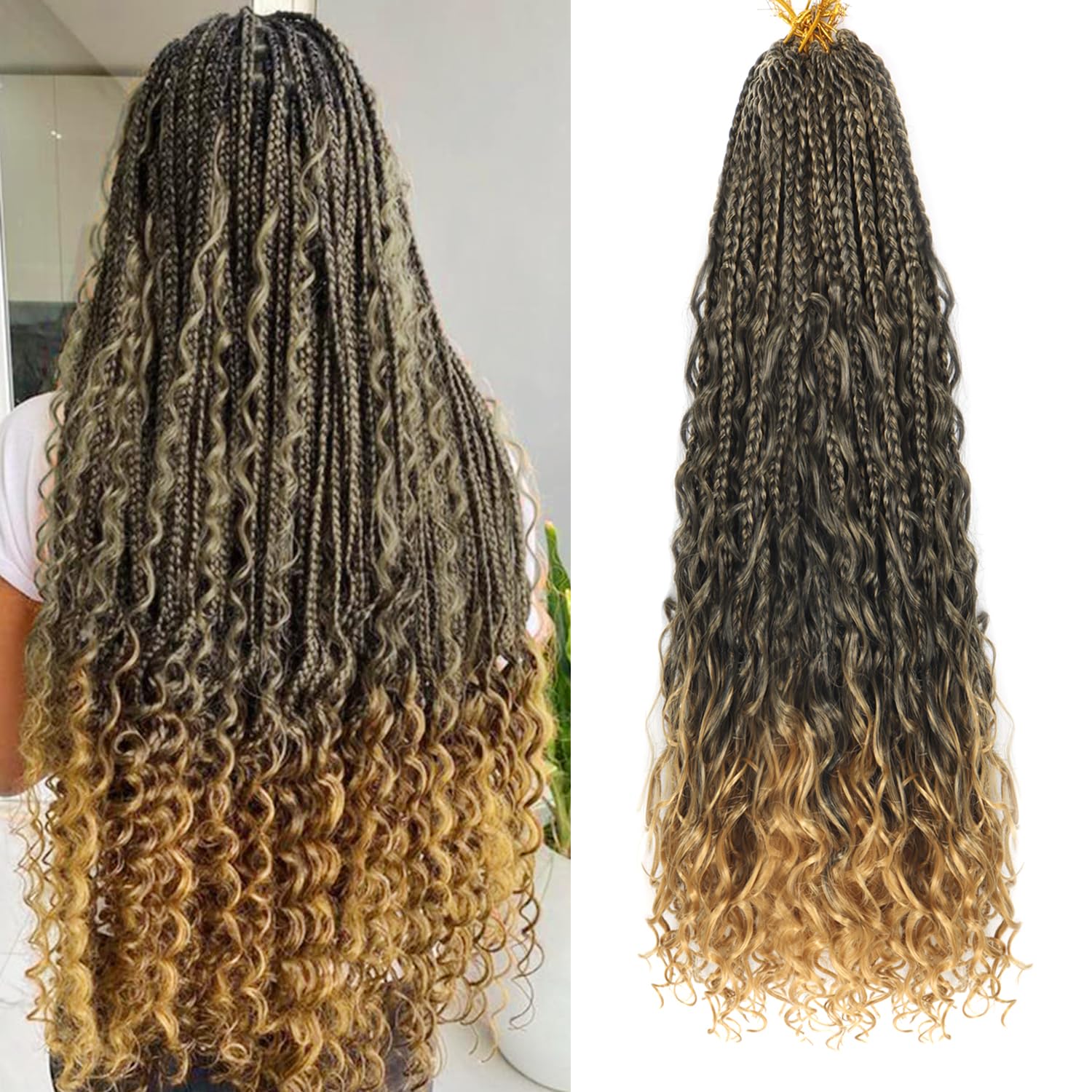 Ainimiu 22 Inch Goddess Box Braids Crochet Hair - Bohemian Synthetic Braiding Hair Extension with Curly Ends - 8 Pack Black