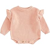 KtwHarnu Newborn Baby Girl Knit Ruffle Romper Knitted Long Sleeve Bubble Romper Oversized Sweater Bodysuit Winter Clothes