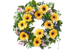 CARACALEAP Artificial Sunflower Wreaths for Front Door 22", Spring Summer Door Wreath with Hook, Artificial Daisy White Pink Flower Blue Berries Door Wreaths for All Seasons Outside Wall Home Décor