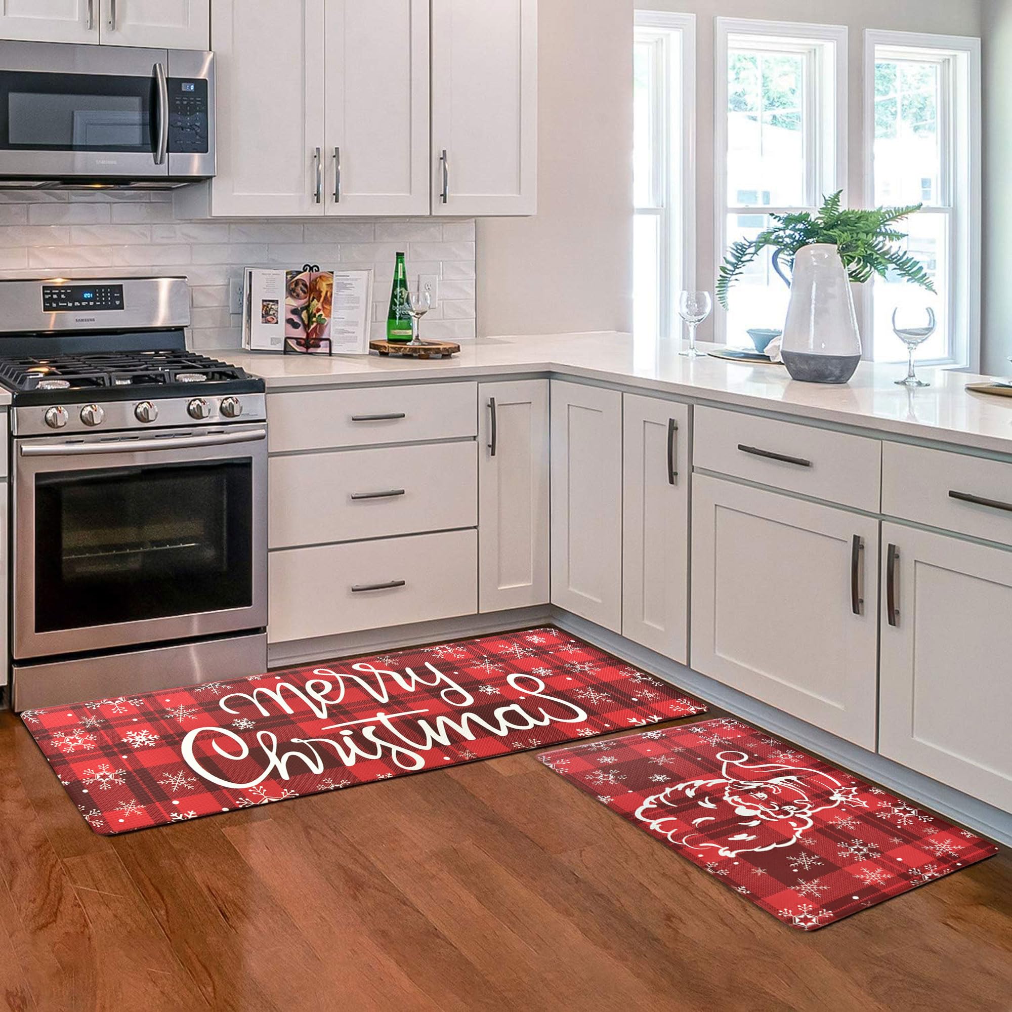 Photo 1 of PRESENCE Christmas Kitchen Rugs Mats - Santa Claus with Christmas Hat, Christmas Kitchen Rugs and Mats Non Skid Washable Set of 2 Red Christmas Decorations Indoor(17"x29"&17"x47")