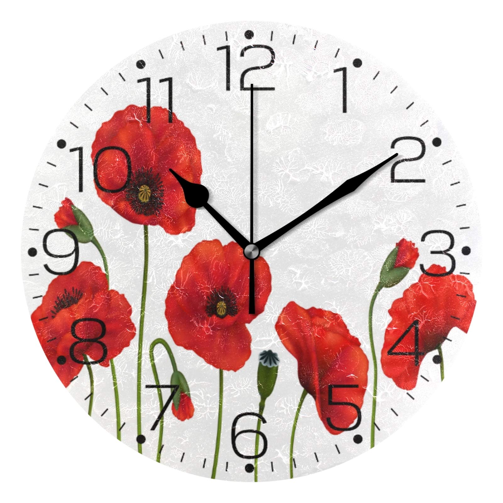 Moyyo Red Poppy Flowers Wall Clocks Silent Non Ticking Wall Clock Modern Round Decorative Wall Clock for Living Room Kitchen Bedroom Office School Classroom Farmhouse
