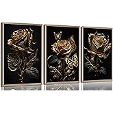 3pcs Black And Gold Rose Wall Art Abstract Plant Flowers Posters Prints Modern Floral Pictures Black Rose And Gold Leaf Canvas Wall Decor for Living Room Bedroom Bathroom Office Decoration Painting