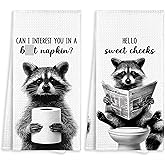 Fewgb Funny Raccoon Bathroom Towel Gifts Decorative Set of 2, Hello Sweet Cheeks Hand Towel for Bathroom Kitchen Decor, Raccoon Waffle Weave Microfiber Dish Towels Dishcloths Tea Towels 16x24