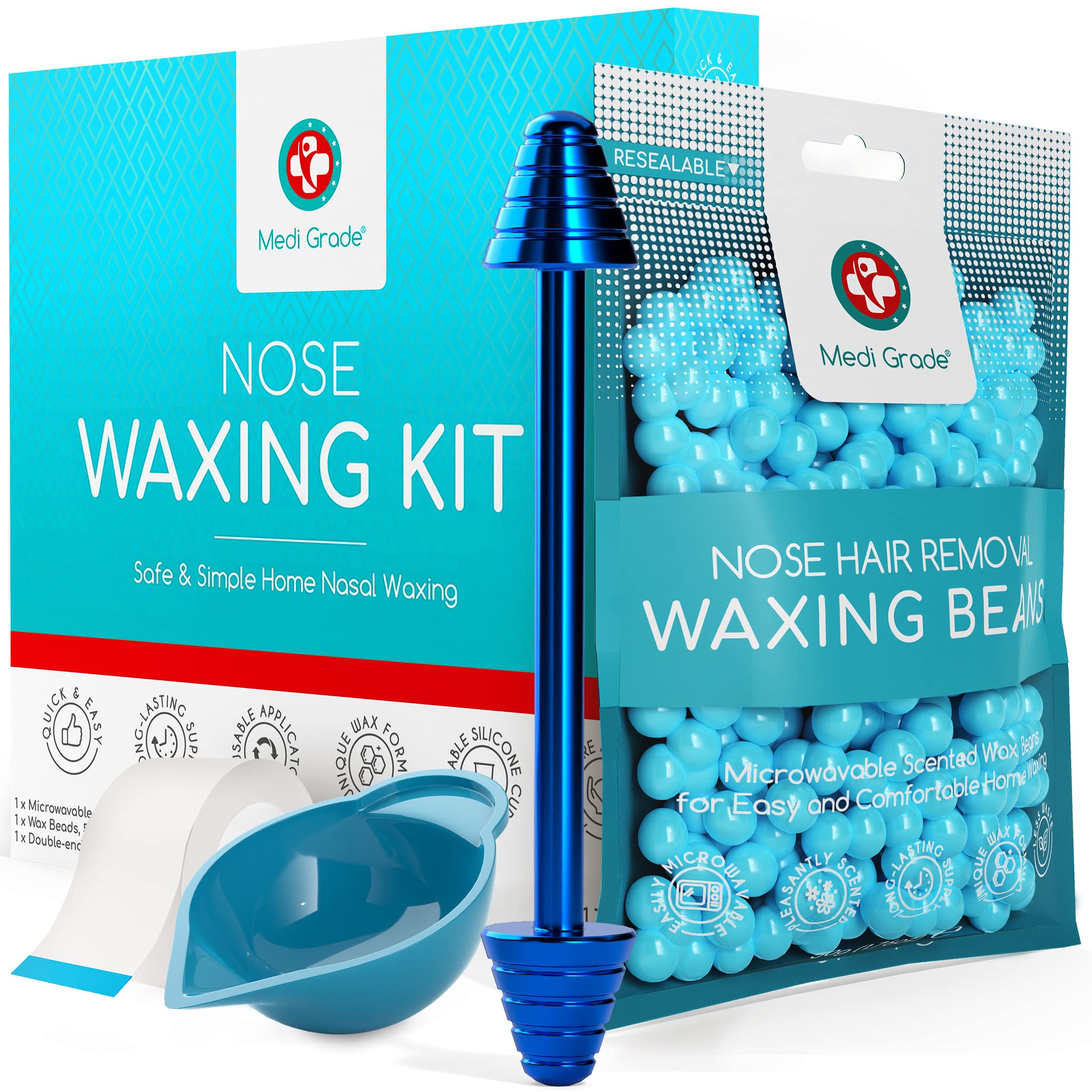 Medi Grade Nose Waxing Kit for Men and Women with Reusable Wax Sticks and Microwavable Cup, 50g - Eco-friendly Wax Kit for Unsightly, Itchy Nasal Hair - Nose Hair Remover with Skin Tape, Bag