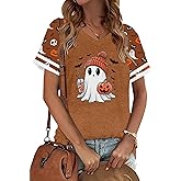 Halloween Shirts Women Fall Pumpkin Tshirt Ghost T Shirt Skeleton Tops Casual V Neck Short Sleeve Tees