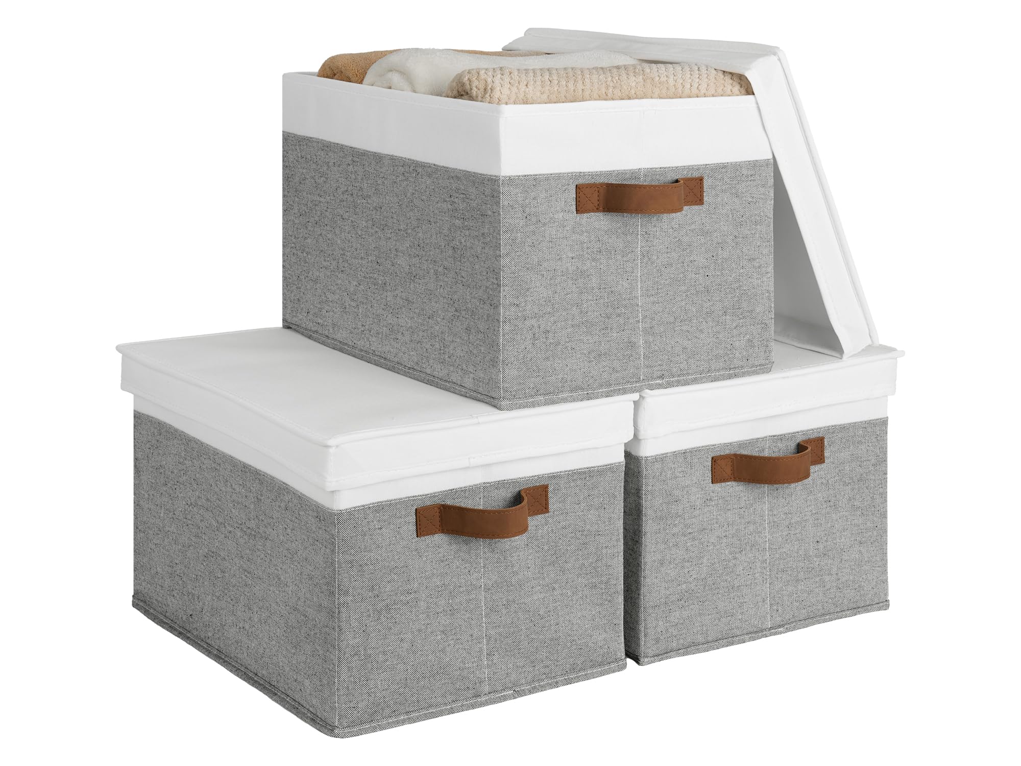 Photo 1 of StorageWorks Storage Bins with Lids, Decorative Storage Boxes with Lid and PU Handles, Foldable Storage Baskets for Closet, Shelves, Stackable, Gray and White, Jumbo, 3-Pack