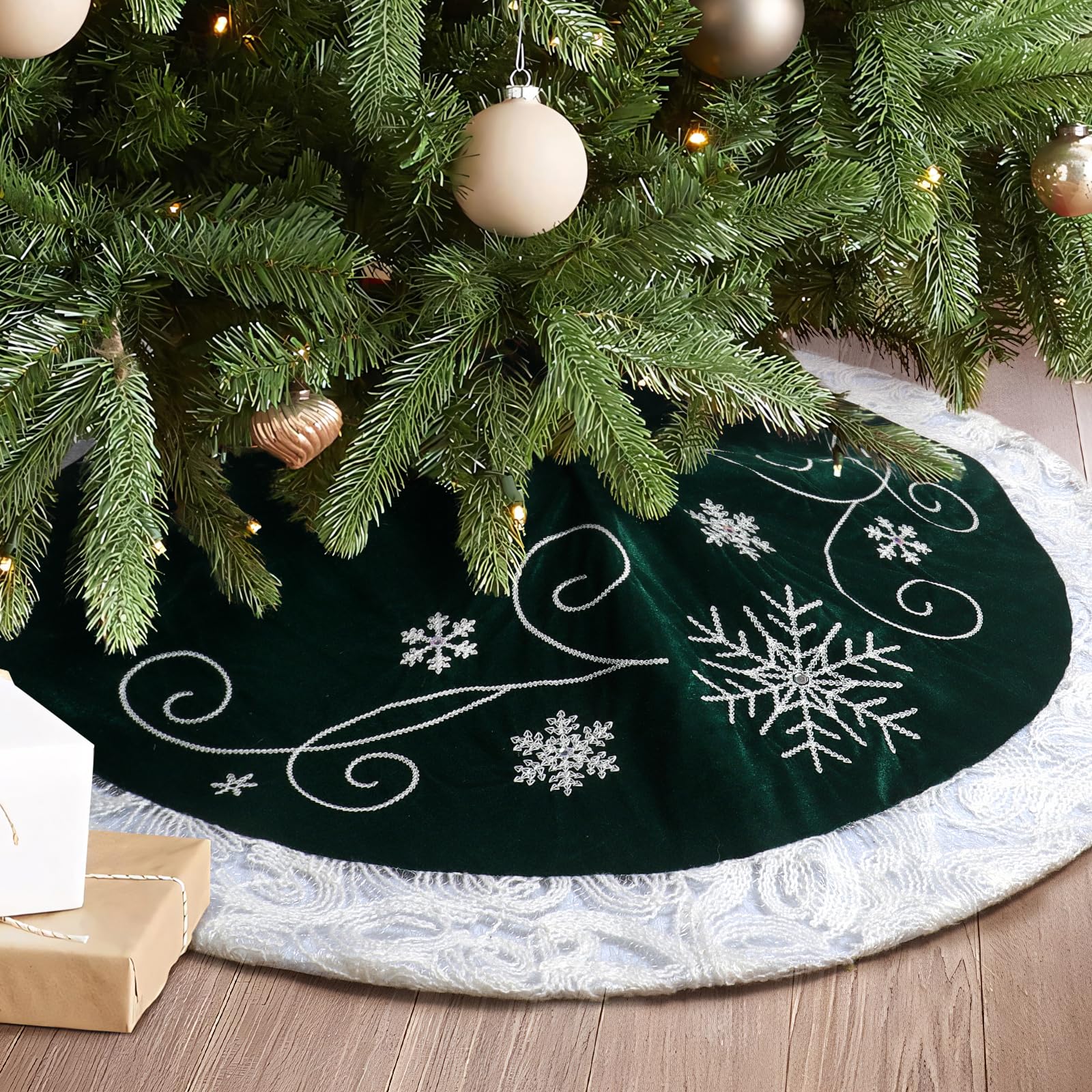 Photo 1 of PIKRONSH Christmas Tree Skirt, 32 Inch Green Velvet Tree Skirt with Embroidered Snowflakes Sequins White Trim Border, Holiday Party Tree Decoration