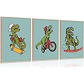 3pc Funny Dinosaur Nursery Canvas Wall Art Surfing Skateboard Riding Dinosaur Painting Picture Wall Decor Sport Nursery dinosaur Print Artwork Poster Print Artwork for Boys Room Room Home Decoration
