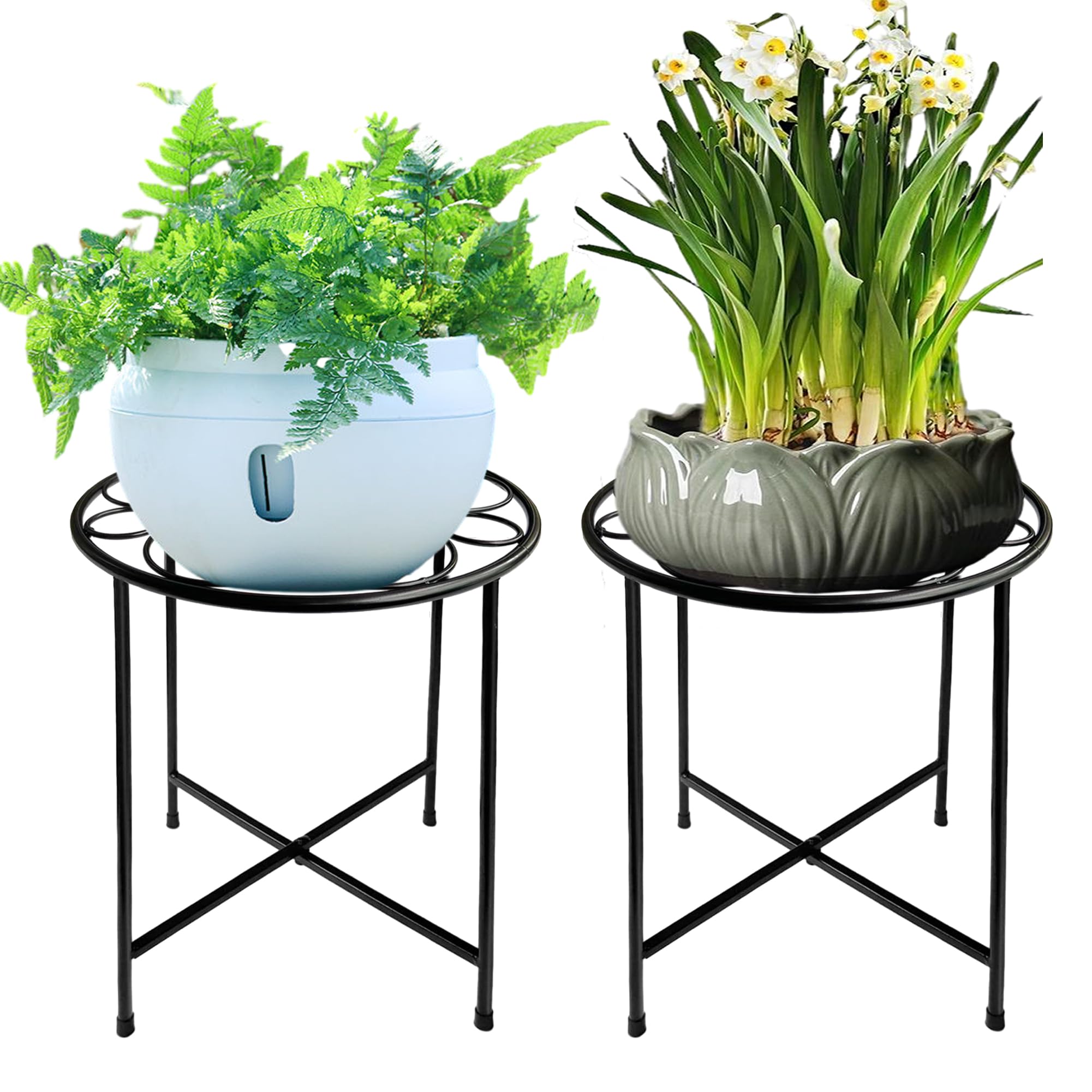 ZEECER Plant Stand, 2 Pack Round Plant Stands Indoor Outdoor, Retro Design 15'' Tall Plant Stand, Rust-proof Coated Metal Plant Pot Stand Flower Stands for Indoor Plants Patio Garden Home Decor Black