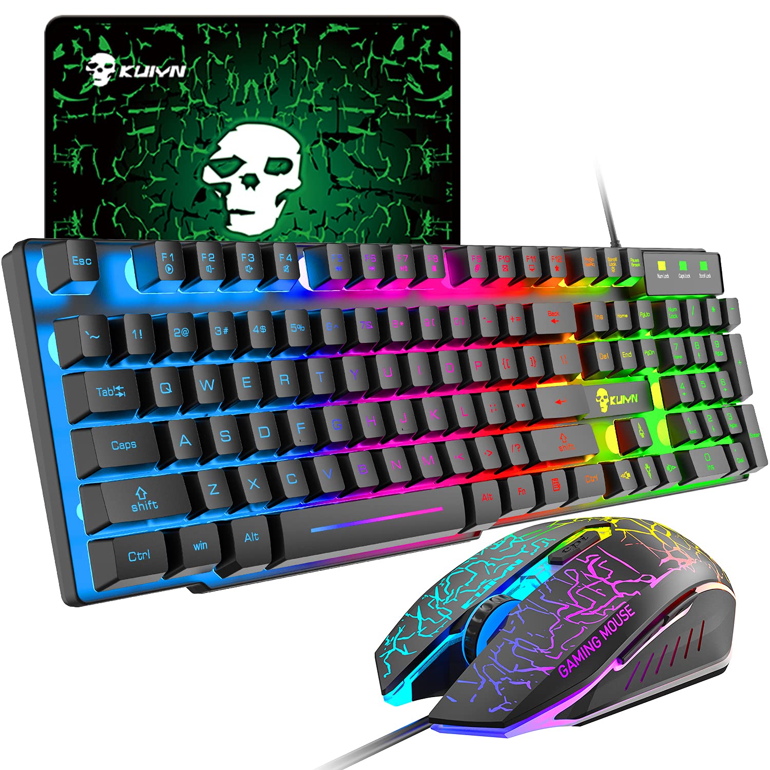 Wired Mechanical Feel Gaming Keyboard and Mouse Set Rainbow LED 104 Keys USB Illuminated Keyboard 2400DPI 6 Buttons Optical Gaming Mouse + Mouse Pads for PS4 Xbox PC Laptop Black