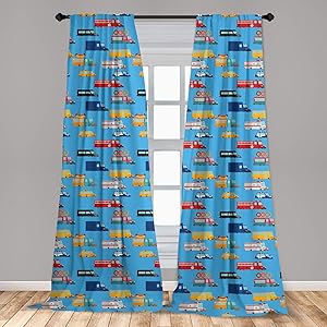 Lunarable Transportation Window Curtains, Various Vehicles Cartoon Style Donut Fast Food Truck Engine Police Car, Lightweight Decorative Panels Set of 2 with Rod Pocket, 56