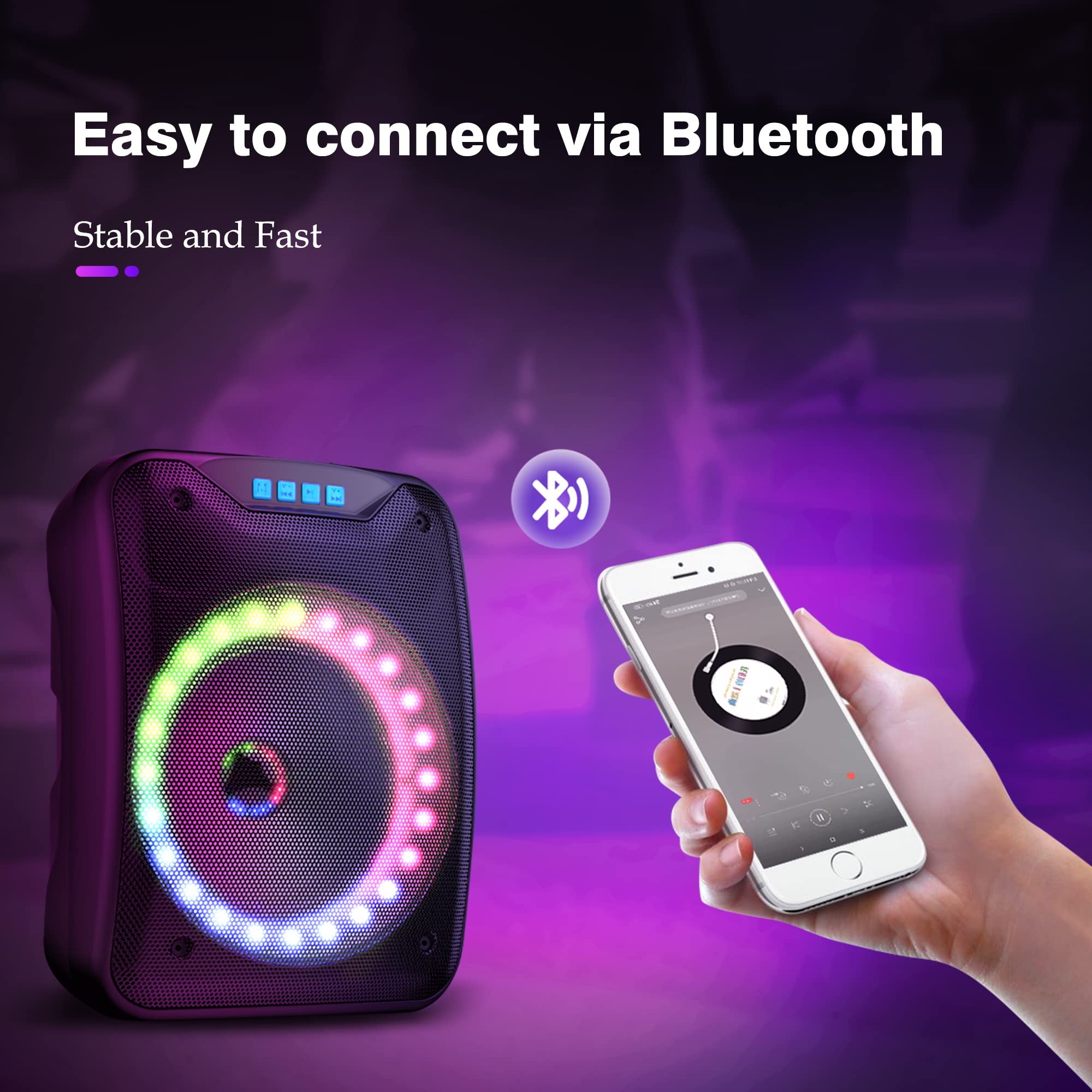 Shinco Portable Wireless Speaker, Compact Size Loud Volume Strong Bass and Colorful Lights, Compatible with Microphone, Bluetooth Speaker for Small Party, Home, Outdoors