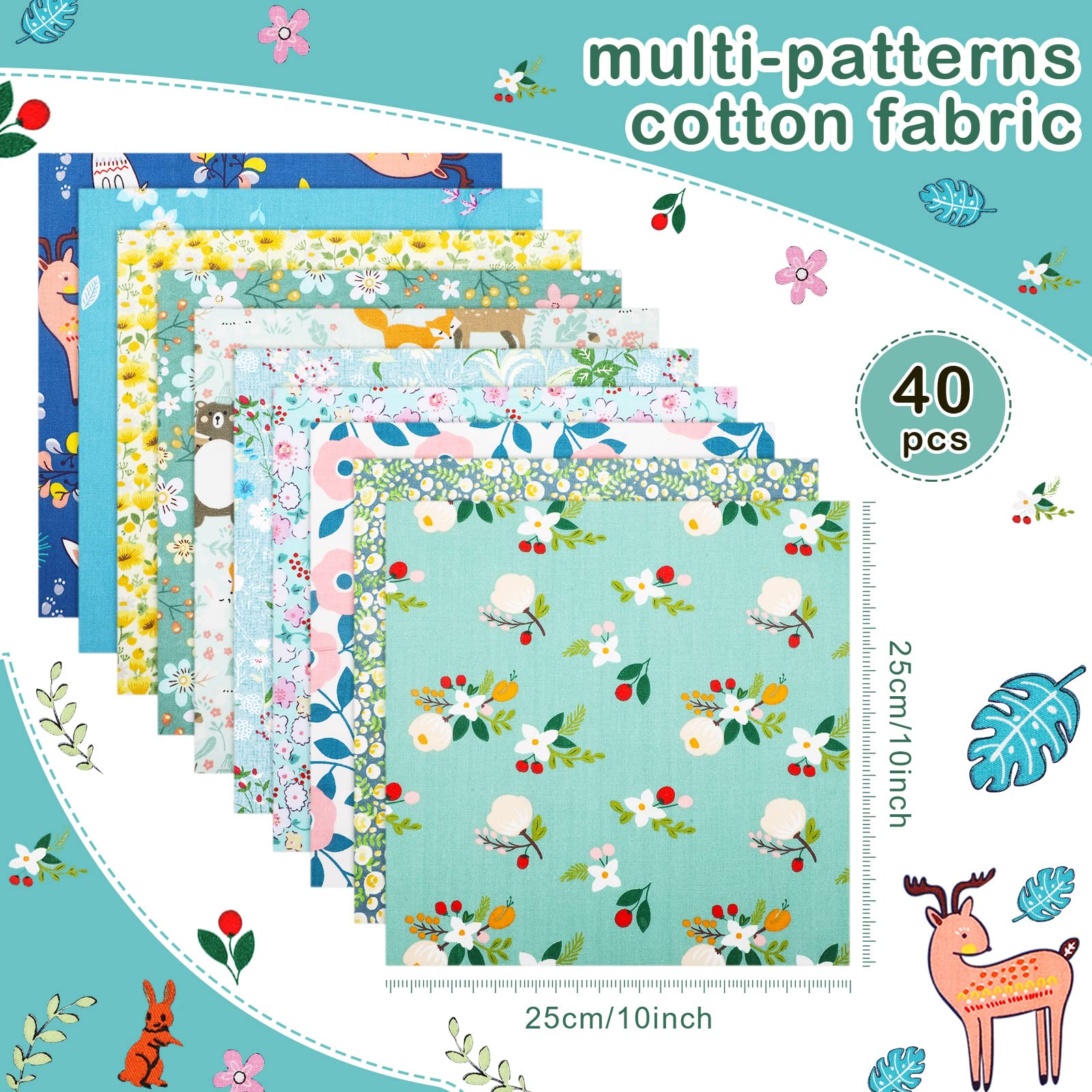 40 Pcs 10 x 10 Inches Cotton Fabric Bundle Squares Precut Fabric Squares Multi Color Floral Fat Sheets for Craft DIY Quilting Sewing (Classic Patterns)