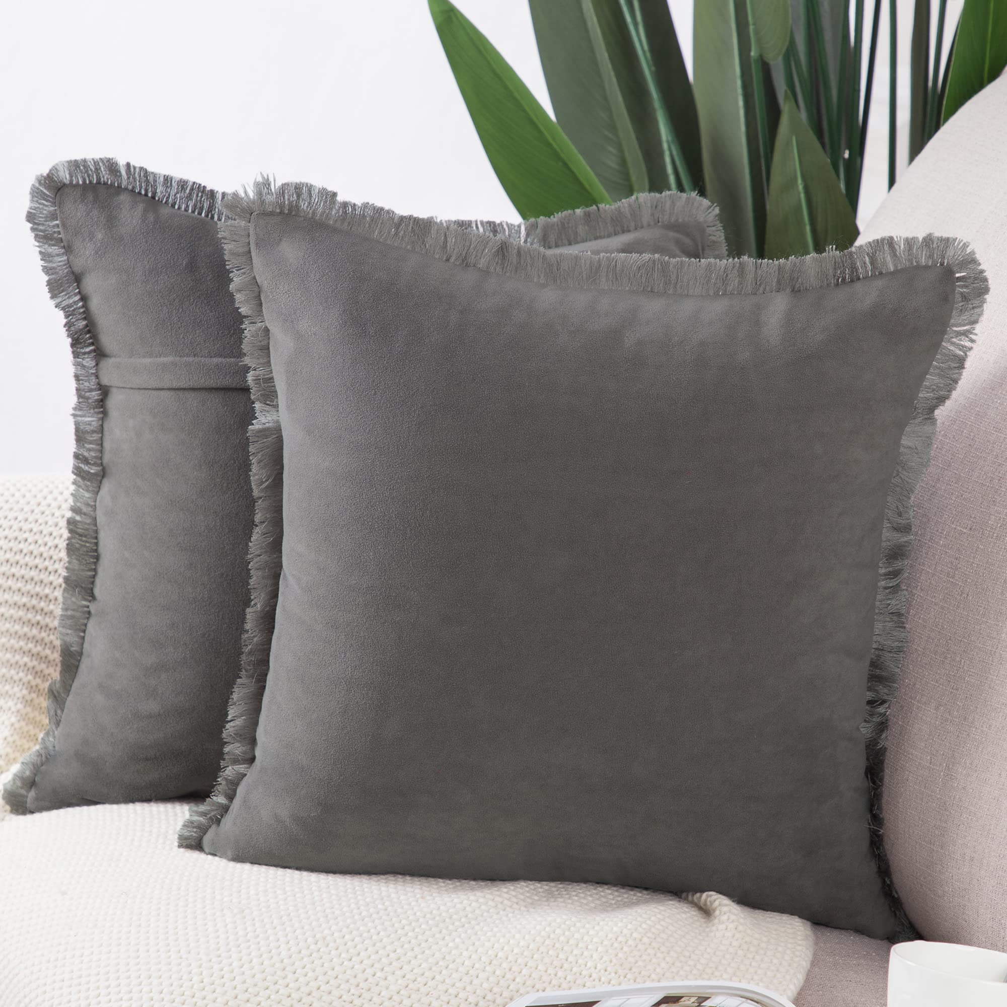 Madizz Set of 2 Suede Cushion Covers with Fringe Tassels 22x22 inch, 55x55 cm, Grey Soft Decorative Throw Pillow Cases for Sofa Bedroom Pillow Shell