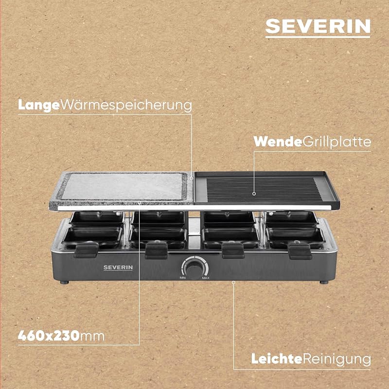 Raclette-Grill mit Naturgrillstein und Grillplatte, Raclette mit antihaftbeschichteter Grillplatte und 8 Pfännchen, Tischgrill für 8 Personen, max. 1300 W, schwarz, RG 2371