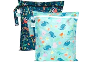 Bumkins - Waterproof Wet Bag - For Baby, Travel, Swim Suit, Cloth Diapers, Pump Parts, Pool, Gym, Toiletry, Strap to Stroller - Reusable & Easy to Clean - 2pk - Ocean & Jungle