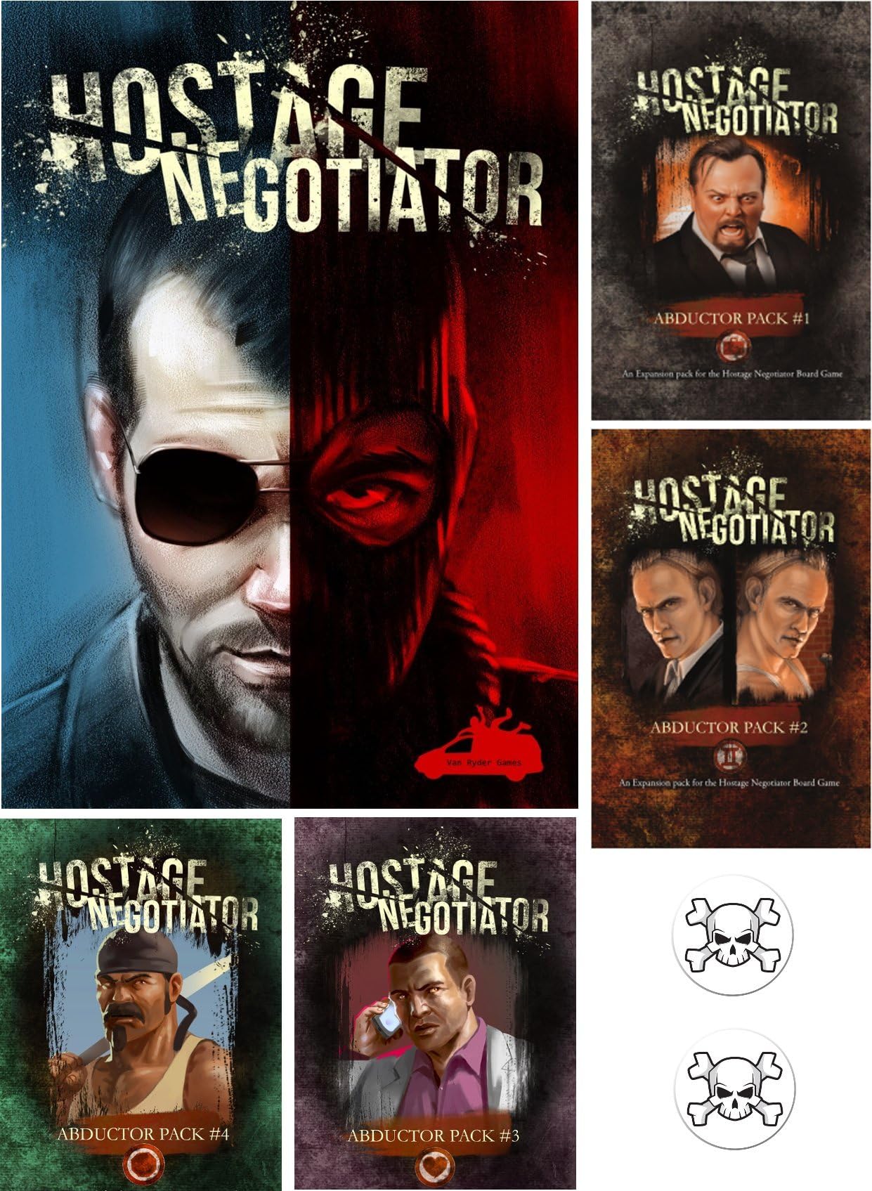 BUNDLE of Hostage Negotiator Game plus Abductor Expansion Packs 1 through 4 plus Two Skull Pin Back Buttons