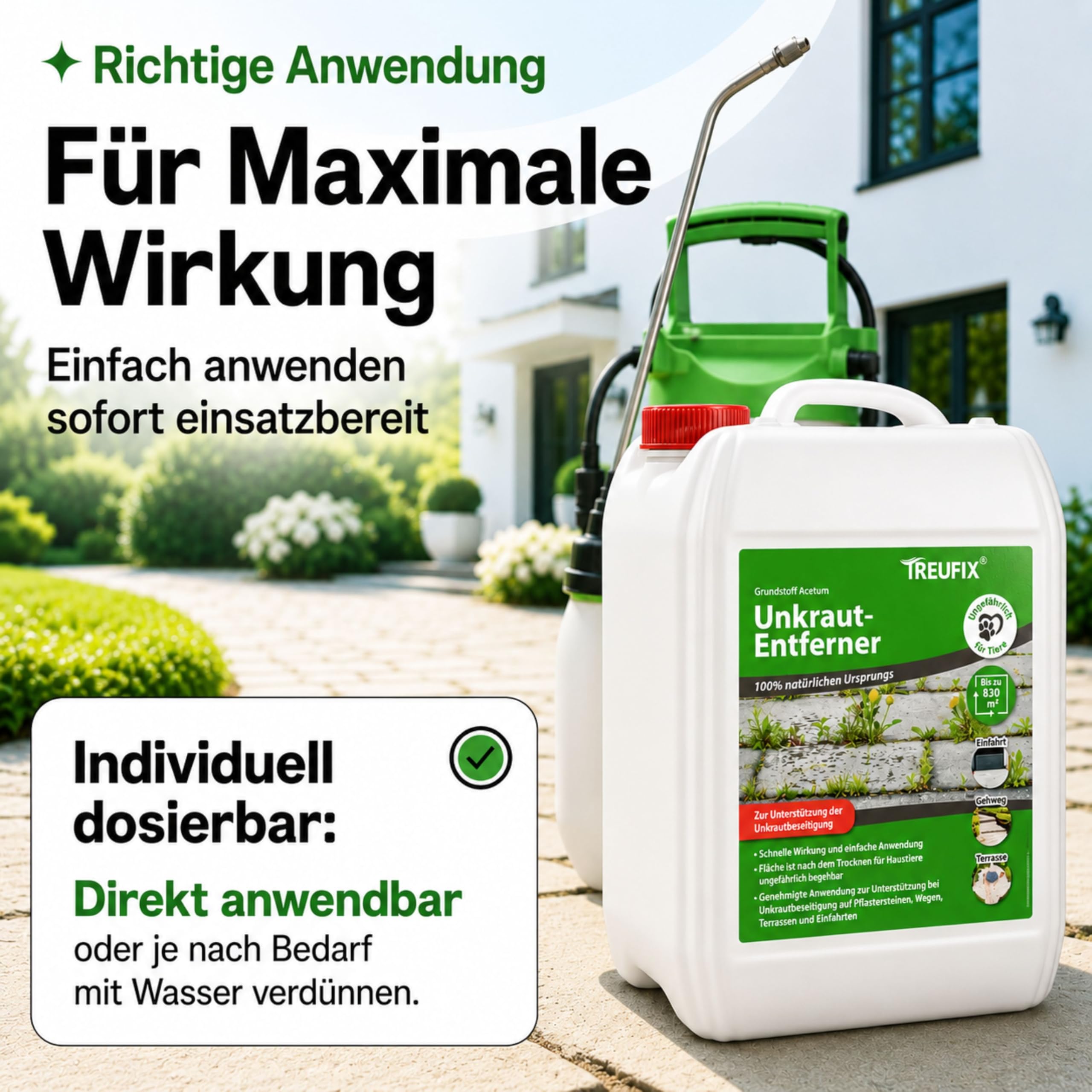 Treufix Konzentrat zur Unkrautentfernung Grundstoff Acetum (Essigsäure) Ohne Glypohosat zur Unterstützung bei Unkrautbeseitigung auf Pflastersteine, Gartenwege, Terrasse & Einfahrt 5L - Made in DE 5