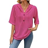 Women's Short Sleeve Tops Waffle Knit Hoodies Drawstring Button V Neck Casual Blouses Shirts Spring Summer Outfits