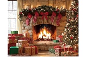 Christmas Fireplace Backdrop, 10x8FT Large Christmas Tapestry Xmas Photoshoot Back Drop Wall Decorations Mantel Photography B