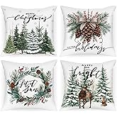Lanpn 18x18 Christmas Throw Pillow Covers Set of 4, Plaid Christmas Pillow Covers Elk XmasTree Wreath Decorative Pillowcases Xmas Cushion Covers for Indoor Home Living Room Sofa Couch Decor