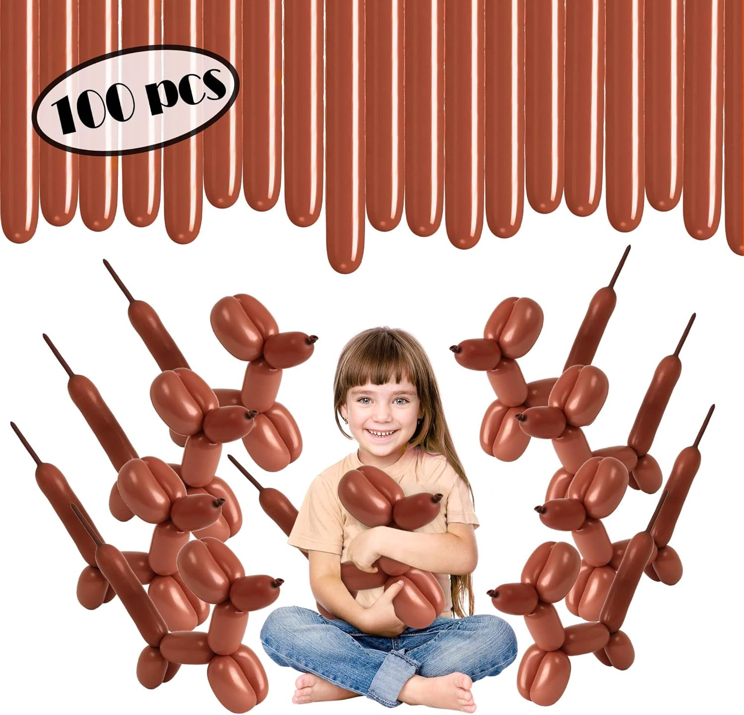 Brown Long Balloons - Mocha 260 Balloons 100 Count - Chocolate Balloon Animal Balloons - 260Q Balloons - Twisting Balloons for Magic Tricks, Birthdays Party, Clowns Gift Box (Coffee Brown, 100 pc): Toys & Games