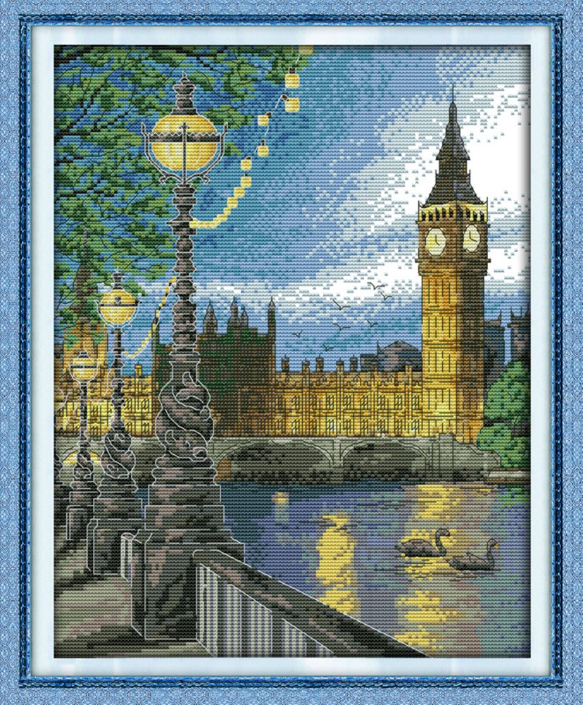 CaptainCrafts Cross Stitch Kits for Adults Stamped Cross Stitch Printed Fabric Embroidery DIY Needlework Home Decor (Preprinted 11CT, London Bell Tower)