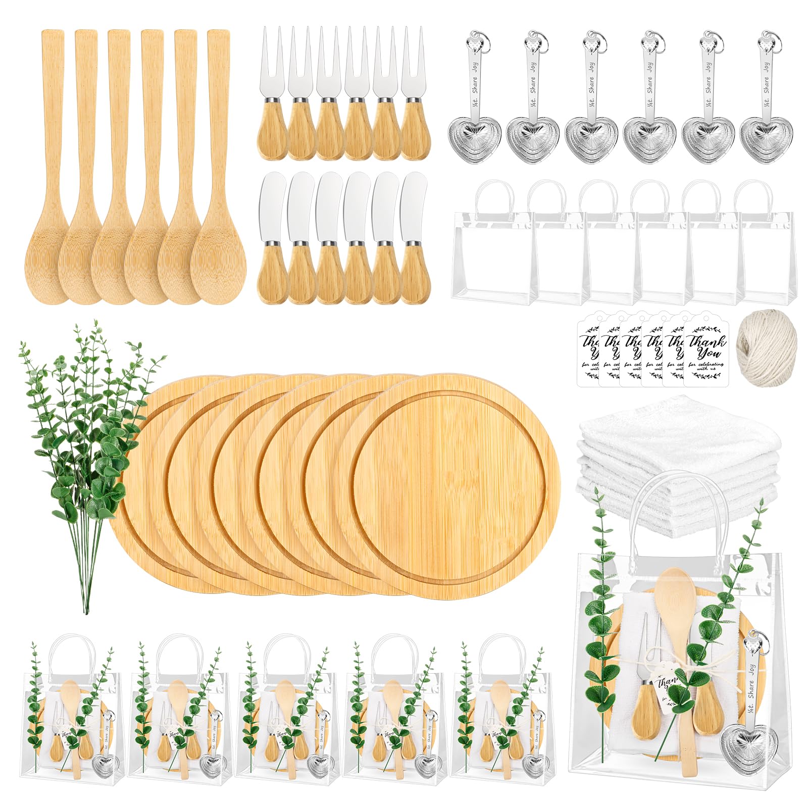 Photo 1 of 61Pcs Baby Shower Prizes for Game Winners Adults 6 Sets Wedding Bridal Party Favors for Guests with Bamboo Cheese Board Butter Spreaders Forks Measuring Spoons Kitchen Towels Thank You Gift?Round?