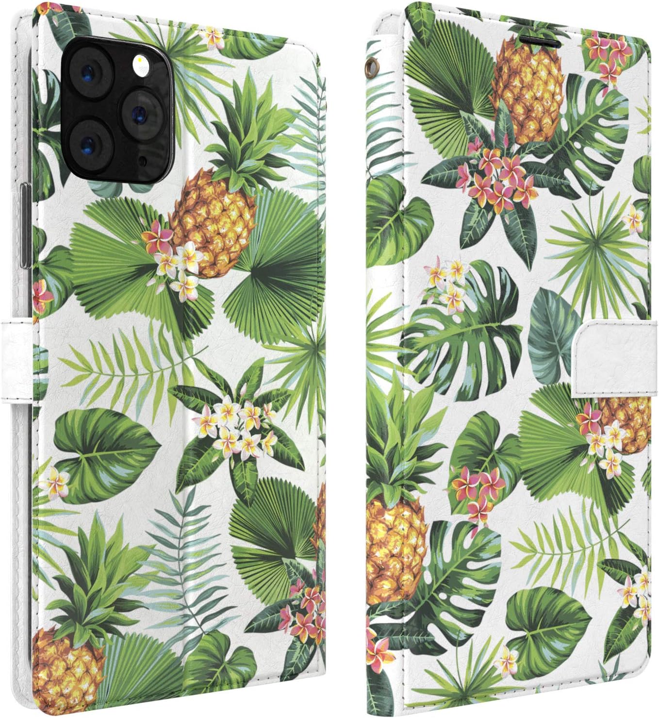 Mertak Wallet Case Compatible with iPhone 12 11 Pro Max SE Xr Xs X 8 Plus 7 6s Folio Flip Lightweight Fruit PU Leather Cover Exotic Pineapple Leaves Magnetic Protective Tropical Palm Slim Fit